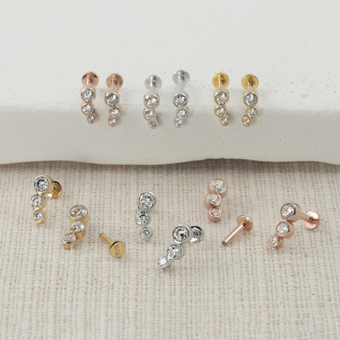 Three CZ Stone Curve (Left/Right) Screw Flat Back Gold Plated